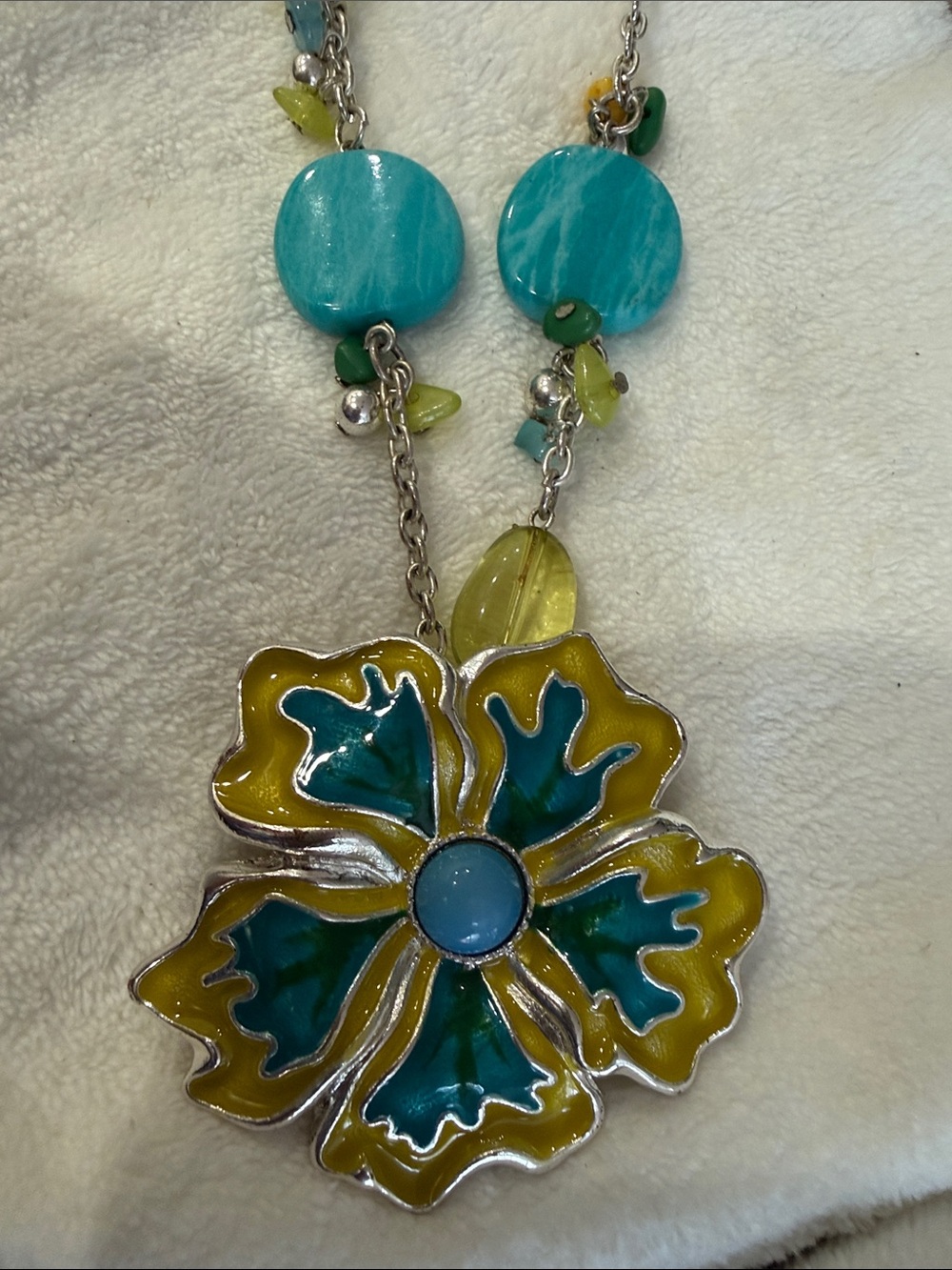 Enamel Floral Statement Necklace in Turquoise & Yellow